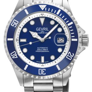 Gevril Mens Wall Street Swiss Automatic Watch, SS Case, Dark Blue Bezel, Enamel Dial, SS Satin and Polished Bracelet – Silver – One Size