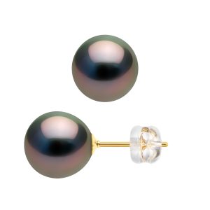 Diadema Womens – Earrings  Yellow Gold and Real Tahitian Pearls – Natural – One Size
