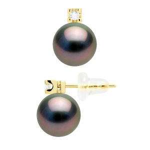Ateliers Saint Germain Womens Earrings Prestige – Diamonds 0,04 Cts – in Yellow Gold 750 and Real Cultured Tahiti Pearls Round 8-9 mm – One Size