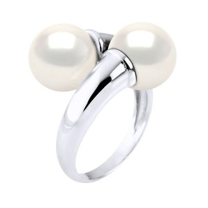 Ateliers Saint Germain Womens Ring You & Me Bulk – 2 Real Cultured Freshwater Pearls Round 9-10 mm – White Silver – Size T 1/2