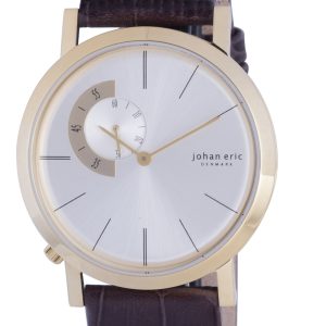 Johan Eric : Randers, Mens, Silver sunray dial Watch, Gold IP coated stainless steel case & clasp, Brown genuine leather w crocodile pattern – One Size