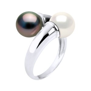 Diadema Womens – Ring You & Me – Real Freshwater Pearls and Tahitian – White – Natural Silver – Size T