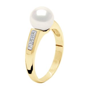 Ateliers Saint Germain Womens Ring Jewelry Diamond 0,06 Cts – Yellow Gold – Real Cultured Freshwater Pearl Round 8-9 mm – White – Size S