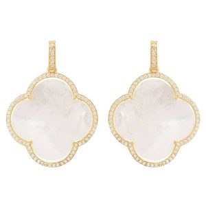 Latelita Womens Open Clover Large Mother Of Pearl Gemstone Earrings Gold Sterling Silver – One Size