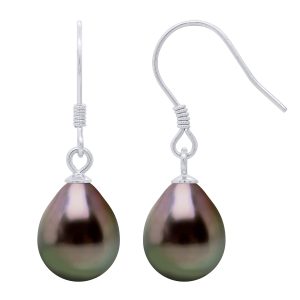 Ateliers Saint Germain Womens Earrings of Silver 925 and Real Cultured Tahiti Pearls Pear 9-10 mm – Black – One Size