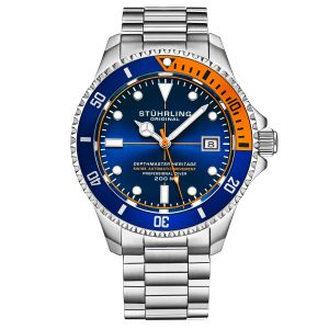 Stührling Mens Blue and Orange Swiss Automatic Depthmaster Heritage 42mm Diver – Silver – One Size