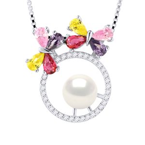 Diadema Womens BUTTERFLY Necklace Freshwater Pearl Round 8-9 mm White 925 Silver – One Size