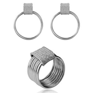 Orphelia ‘Eleanor’ WoMens 925 Sterling Silver Set: Earrings + Ring – SET-7417 – Size R 1/2
