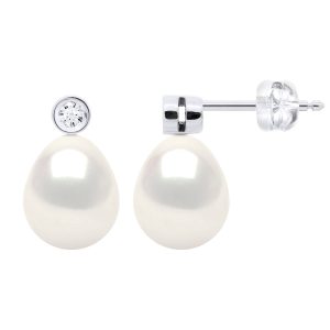 Ateliers Saint Germain Womens Earrings Prestige -Diamonds 0,02 Cts – Quality HSI – White Gold – Real Cultured Freshwater Pearls Pear 8-9 mm – One Size