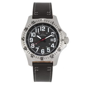 Elevon Mens Aviator Leather-Band Watch w/Date – Black Stainless Steel – One Size
