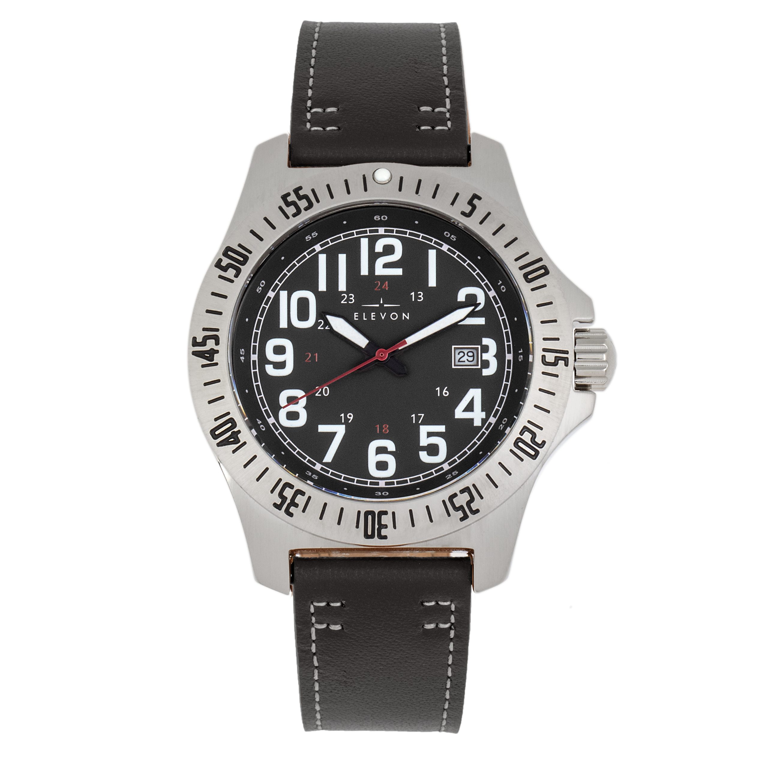 Elevon Mens Aviator Leather-Band Watch w/Date - Black Stainless Steel - One Size