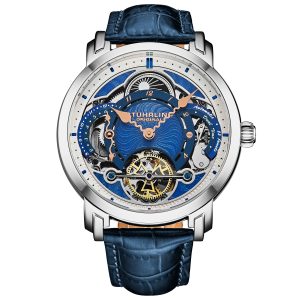 Stührling Mens Celestial Timekeeper 1017 Dual Time Automatic Skeleton Watch – Blue – One Size