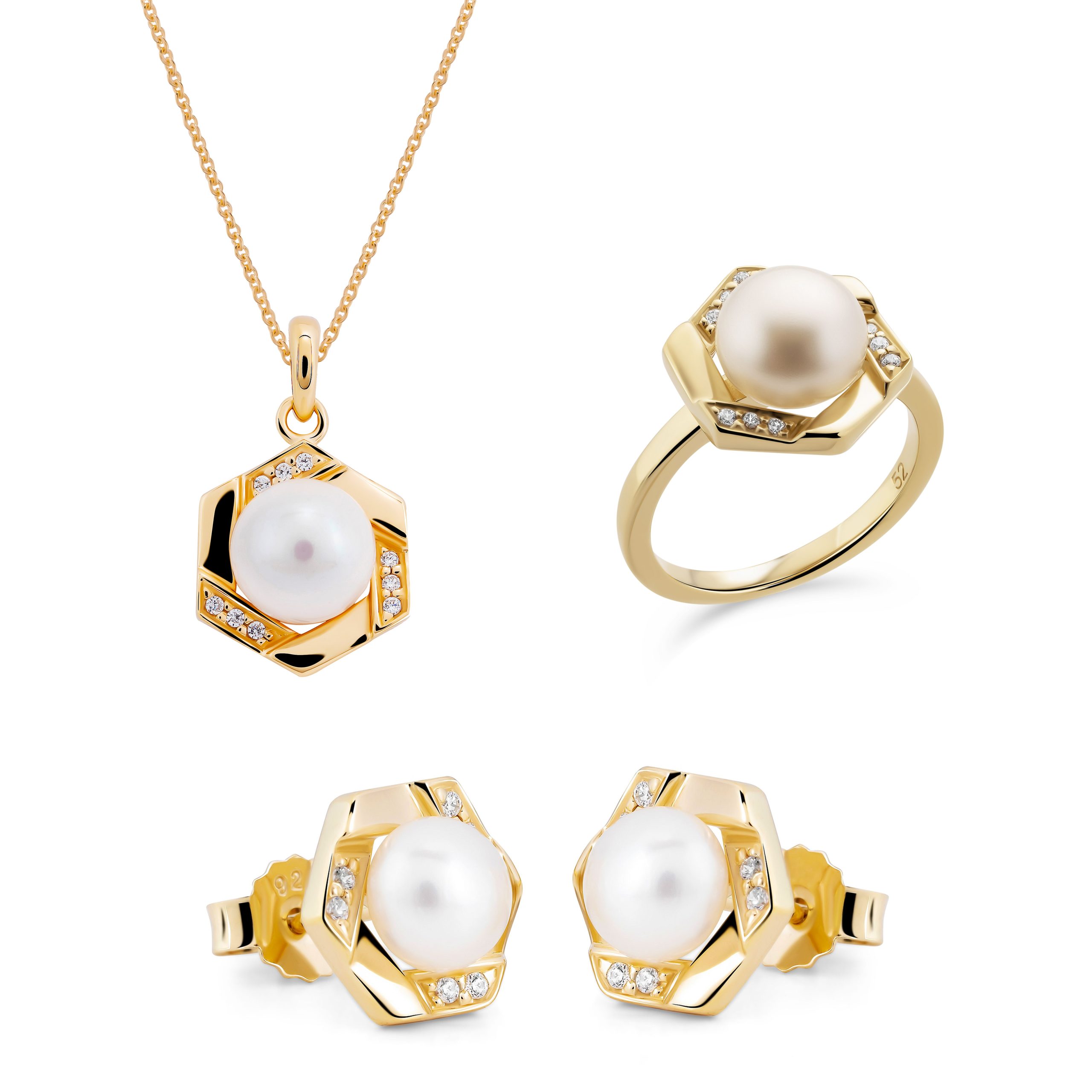 Orphelia 'Aliva' WoMens 925 Sterling Silver Set: Necklace + Earrings + Ring - Gold SET-7469/G - Size L