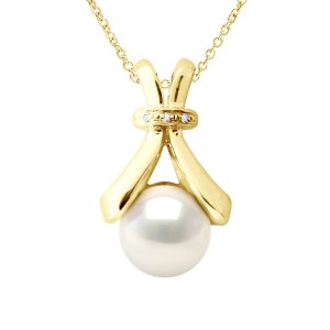 Ateliers Saint Germain Womens Necklace Jewelry Diamond 0.01Cts Yellow Gold and Real Cultured Freshwater Pearl Button 6-7 mm – One Size