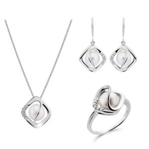 Orphelia ‘Aina’ WoMens 925 Sterling Silver Set: Necklace + Earrings + Ring – White SET-7471/52 – Size L