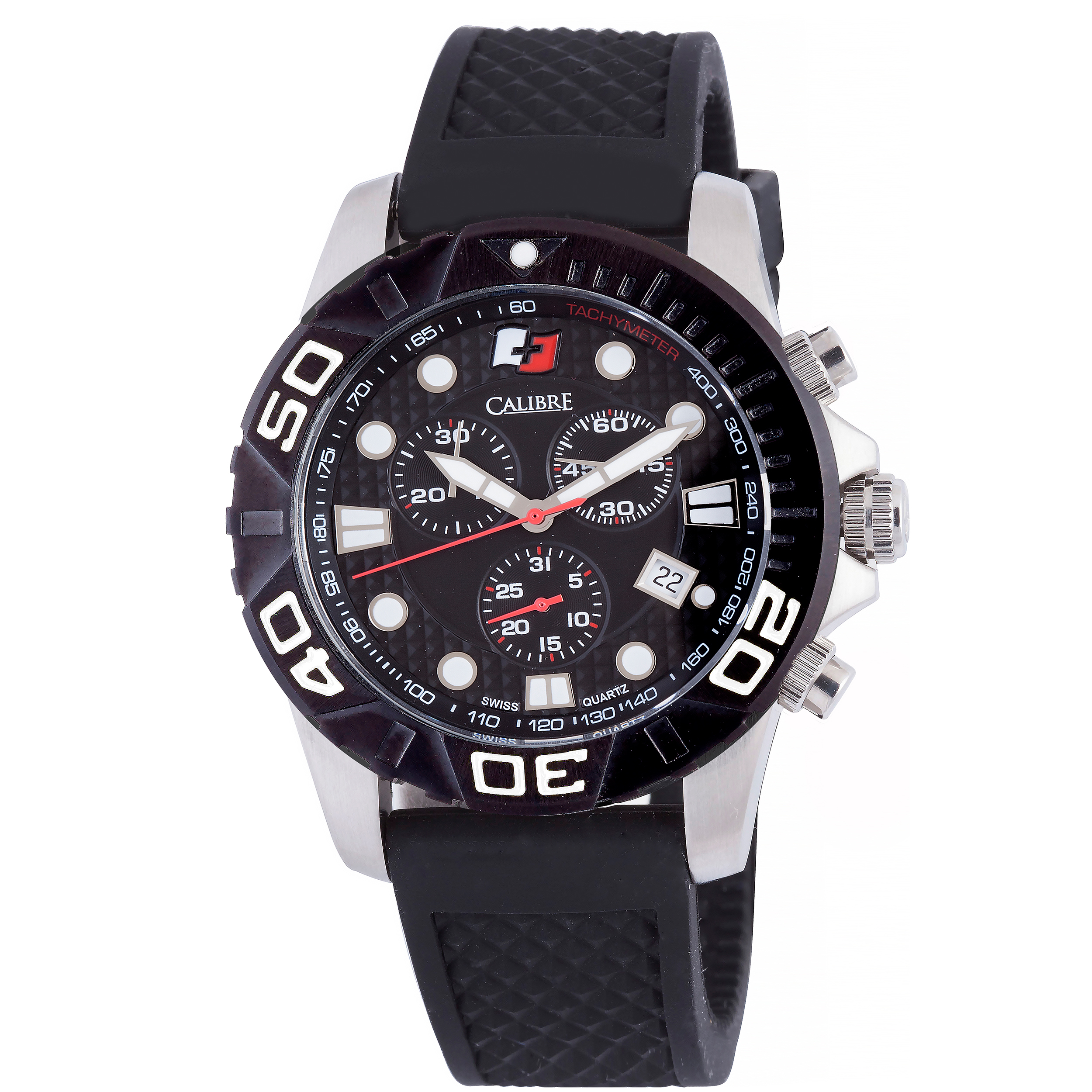Calibre Mens Akron Swiss Made Movement Watch Black Rubber Strap Dial - One Size