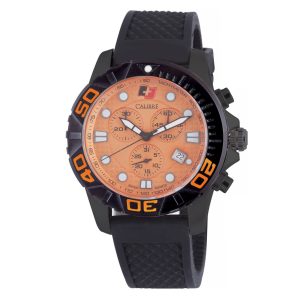 Calibre Mens Akron Swiss Made Movement Watch Black Rubber Strap Orange Dial – One Size