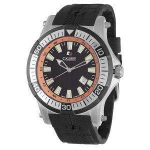Calibre Mens Hawk Date Swiss Made Movement Watch Black Rubber Strap Black/Orange Dial – One Size