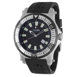 Calibre Mens Hawk Date Swiss Made Movement Watch Black Rubber Strap Black/Orange Dial – One Size