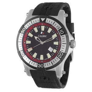Calibre Mens Hawk Date Swiss Made Movement Watch Black Rubber Strap Black/Red Dial – One Size