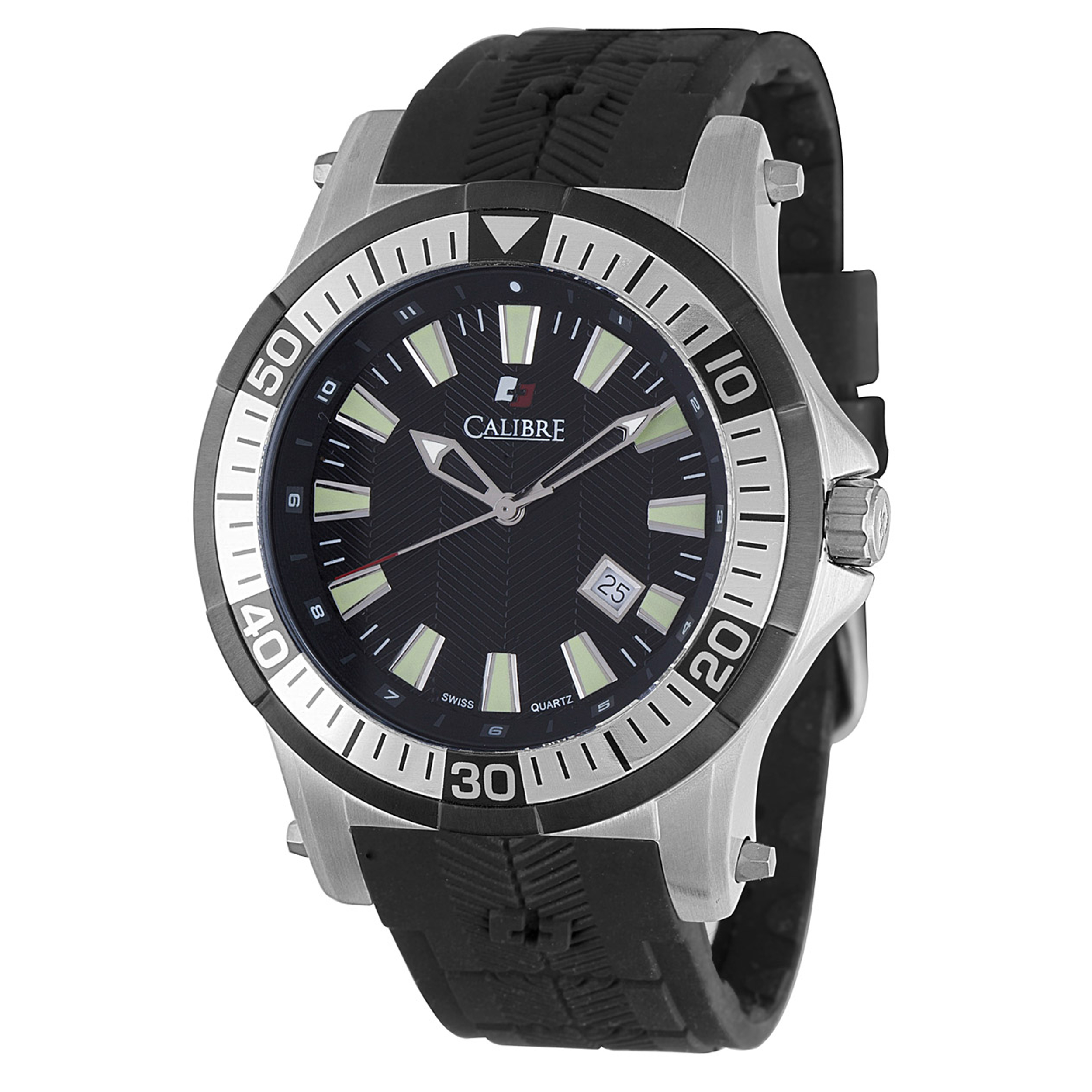 Calibre Mens Hawk Date Swiss Made Movement Watch Black Rubber Strap Black/Orange Dial - One Size