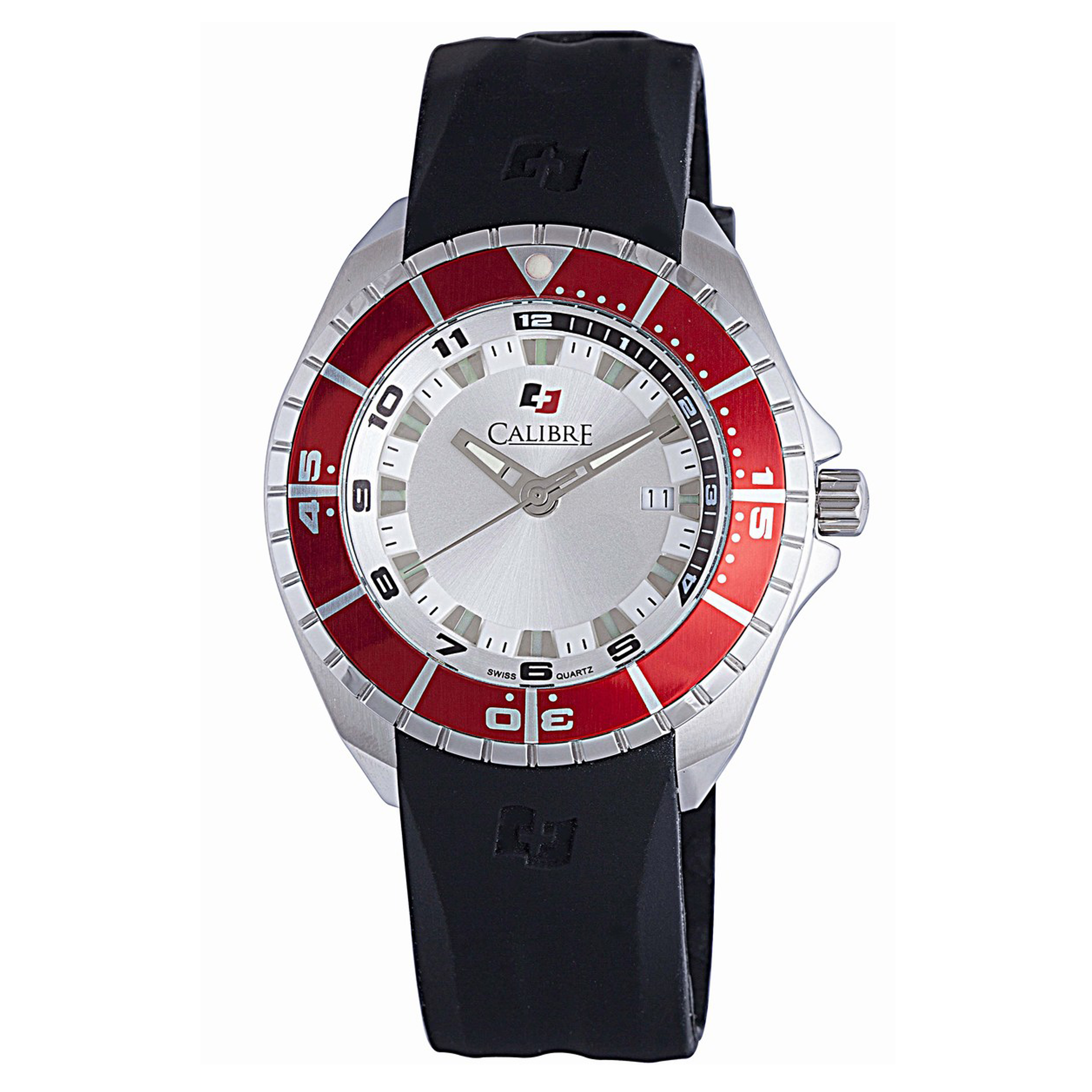 Calibre Mens Sea Knight Swiss Made Movement Watch Black Rubber Strap Silver Dial - One Size