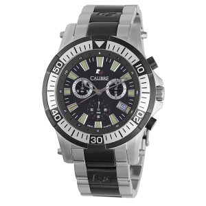 Calibre Mens Hawk Chrono Swiss Made Movement Watch Silver Stainless Steel Strap Black Dial – One Size