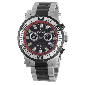 Calibre Mens Hawk Chrono Swiss Made Movement Watch Silver Stainless Steel Strap Black Dial – One Size