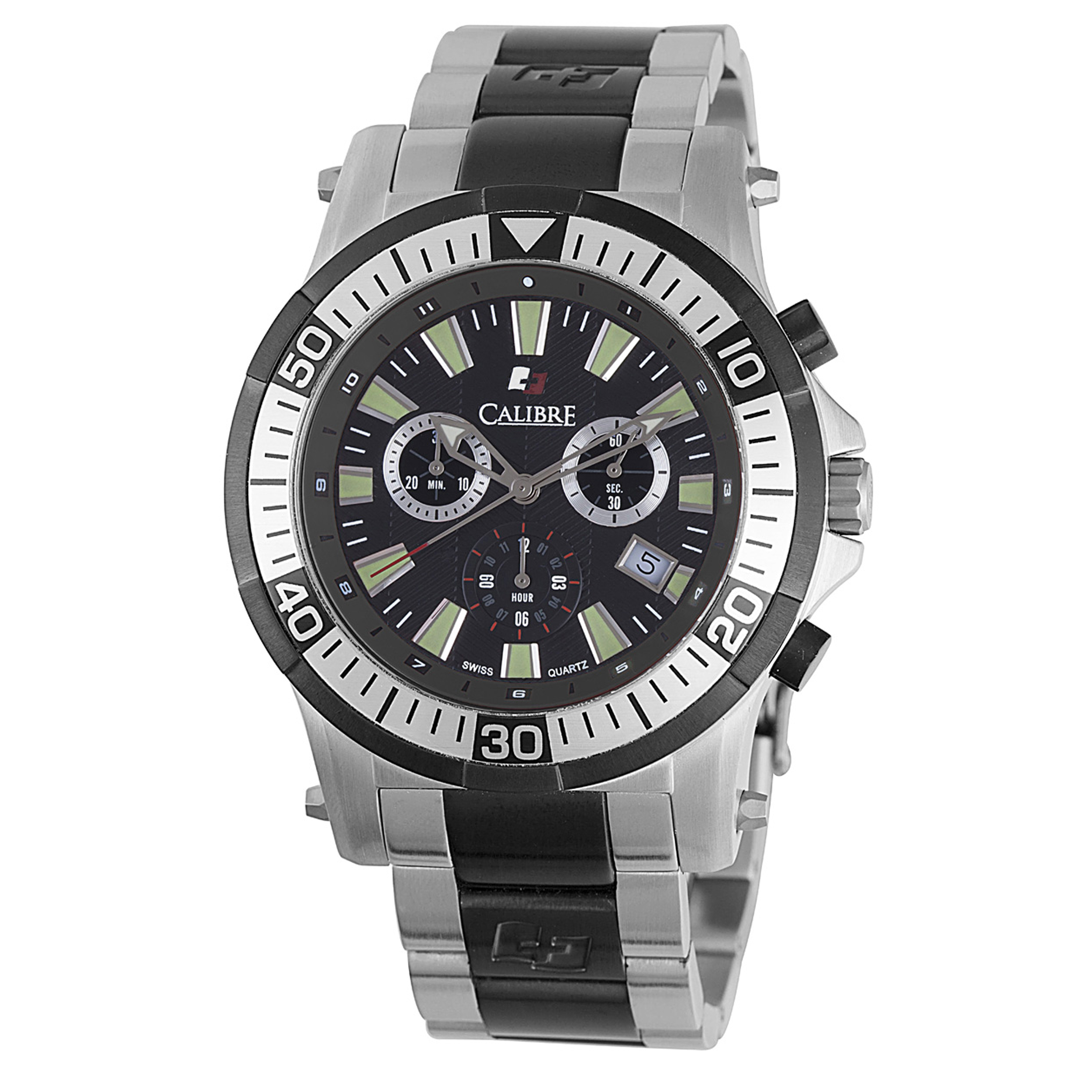 Calibre Mens Hawk Chrono Swiss Made Movement Watch Silver Stainless Steel Strap Black Dial - One Size