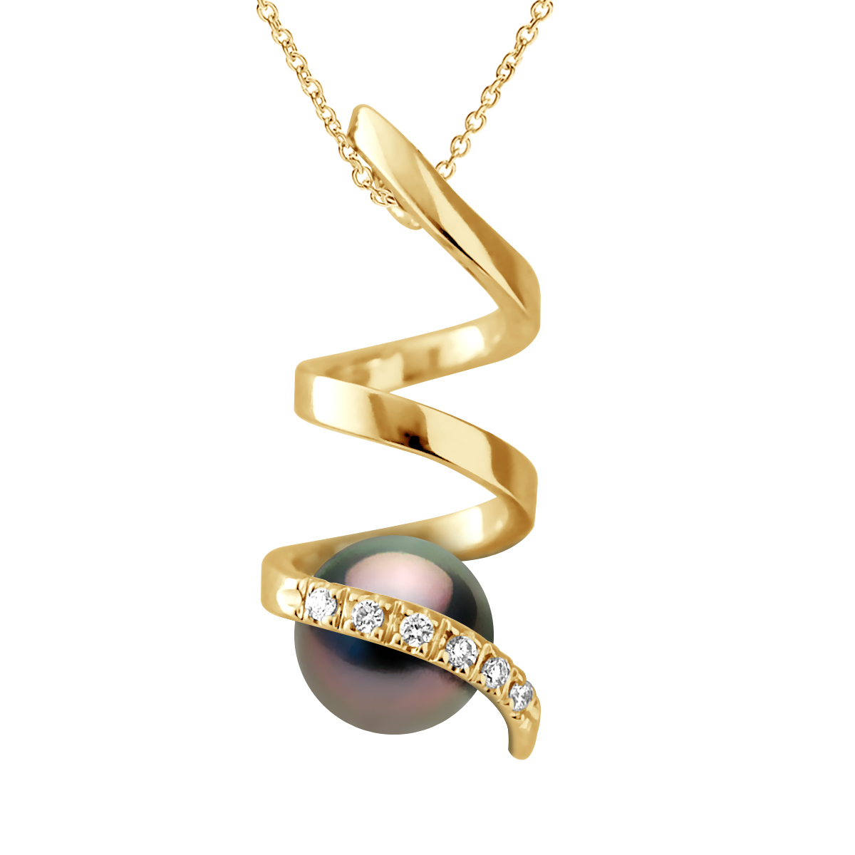 Ateliers Saint Germain Womens Pendant Spiral Diamonds 0,06 Cts - Quality HSI - Yellow Gold - Real Cultured Tahiti Pearl Round 7-8 mm - One Size