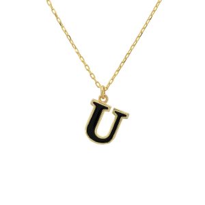 Latelita Womens Initial Enamel Necklace Gold U – Black Sterling Silver – One Size