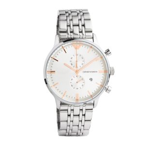 Emporio Armani Mens AR1933 SS Silver Dial Chronograph Bracelet Watch – Size 43mm