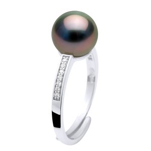 Ateliers Saint Germain Womens Ring Jewelry – Real Cultured Tahiti Pearl Round 8-9 mm – Black Silver – One Size