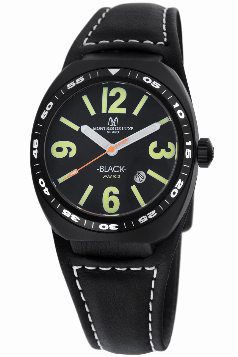Montres de Luxe : mens avio black watch Leather - One Size