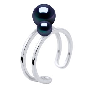 Diadema Womens – Ring DUO – 2 Real Freshwater Pearls – Black Tahitian Style Silver – Size I