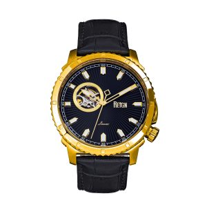 Reign Mens Bauer Automated Semi-SkeletonLeather-Band Watch – Gold Stainless Metal – One Measurement