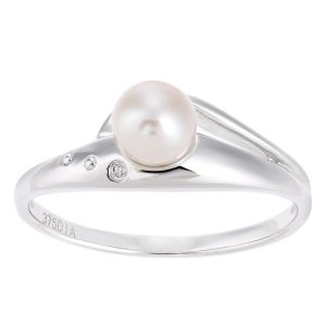Diamant L’Eternel Womens 9ct White Gold, 0.01ct Diamond with Cultured pearl Ring – Size Q