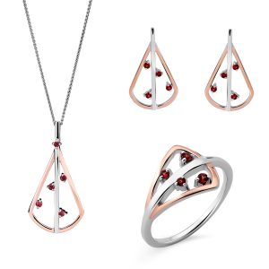 Orphelia ‘Sacha’ WoMens 925 Sterling Silver Set: Necklace + Earrings + Ring – Silver/Rose SET-7496 – Silver & Rose Gold – Size O 1/2