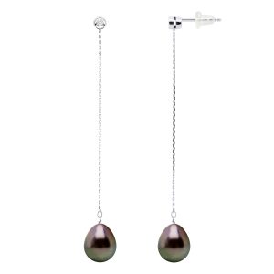 Ateliers Saint Germain Womens Earrings Prestige -Diamonds 0,02 Cts – White Gold – Real Cultured Tahiti Pearls Pear 9-10 mm – Black – One Size