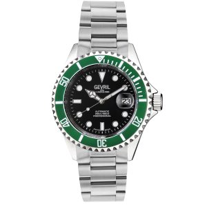 Gevril Mens Wall Street Swiss Automatic 3 Hands, SW200 Movement black Dial Green Bezel Stainless Steel Watch – Silver – One Size