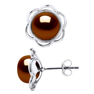Diadema Womens Stud Earrings FLOWER Beads Freshwater 8-9mm Chocolate Buttons 925 – Brown Silver – One Size