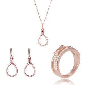 Orphelia ‘Aava’ WoMens 925 Sterling Silver Set: Necklace + Earrings + Ring – Rose SET-7421 – Size R 1/2