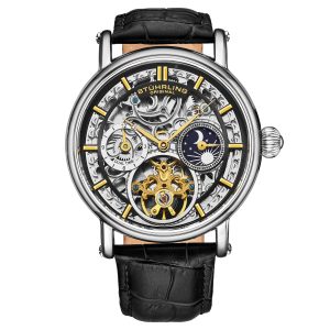 Stührling Mens Macrocosm 4000 Automatic 43mm Skeleton with Dual Time – Black – One Size