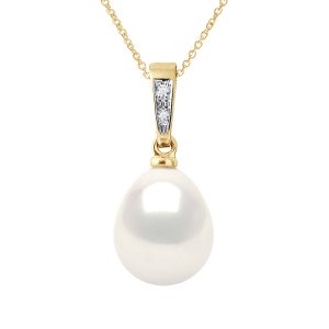 Diadema Womens – Pendant – Diamonds – Real Freshwater Pearls – White – Yellow Gold – One Size