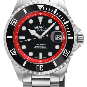 Gevril Mens Wall Street Swiss Automatic Sellita SW200 Black Enamel Dial, SS Satin and Polished Bracelet Watch – Silver – One Size