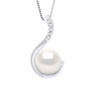 Ateliers Saint Germain Womens Pendant Jewelry 0,06 Cts White Gold and Real Cultured Freshwater Pearl – COLOR NATURAL -Round 9-10 mm – One Size