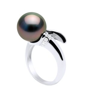 Ateliers Saint Germain Womens Ring Jewelry Prestige Spiral – Diamonds 0,10 Cts – Real Cultured Tahiti Pearl Round 10-11 mm – Black White Gold – Size L 1/2