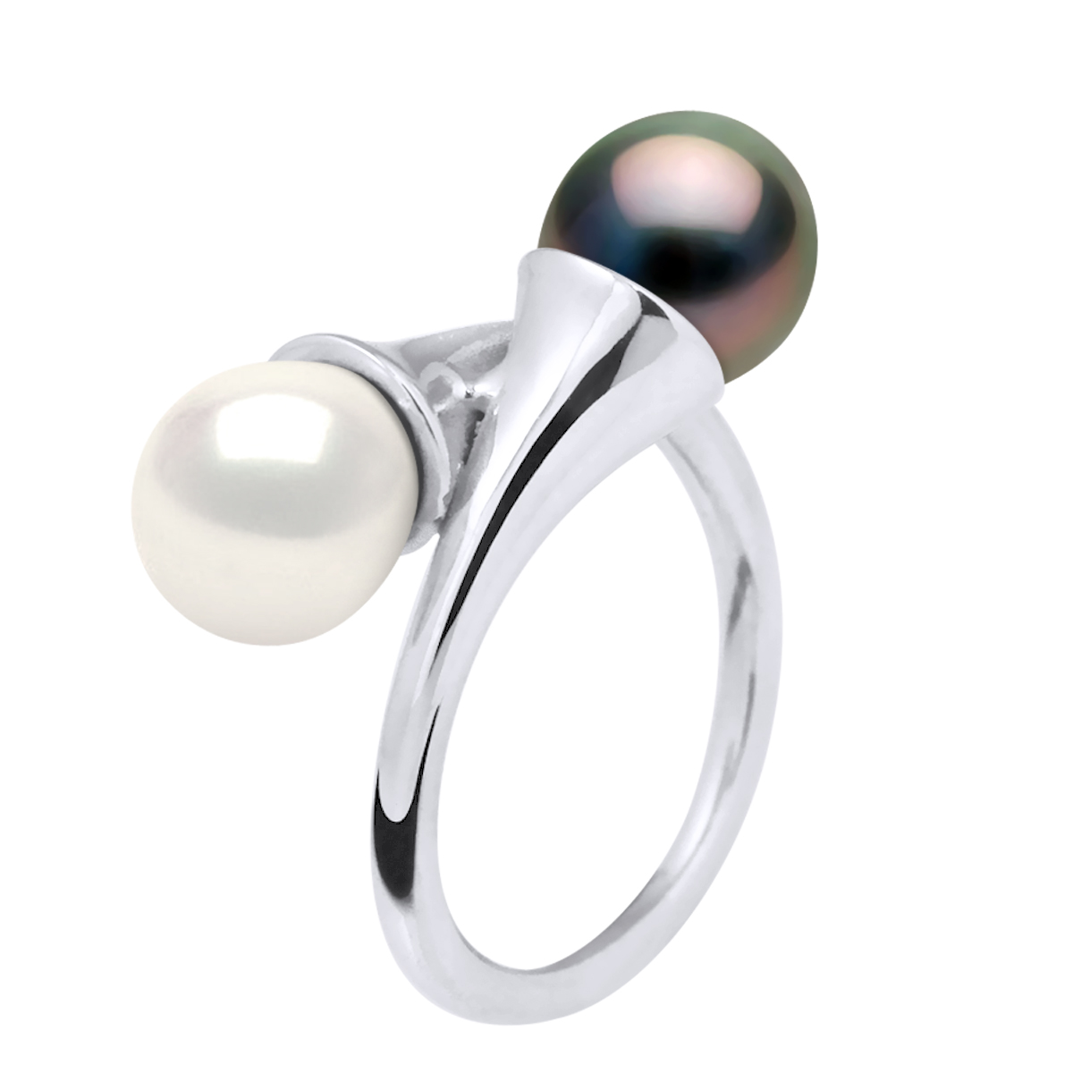Diadema Womens - Ring You & Me in White Gold - Real Freshwater Pearls and Tahitian - - Natural - Size I