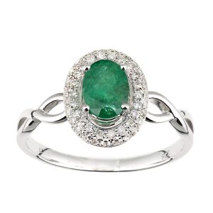 Diamant L’Eternel Womens 9ct White Gold Diamond and Emerald Oval Gemstone Ring – Size J