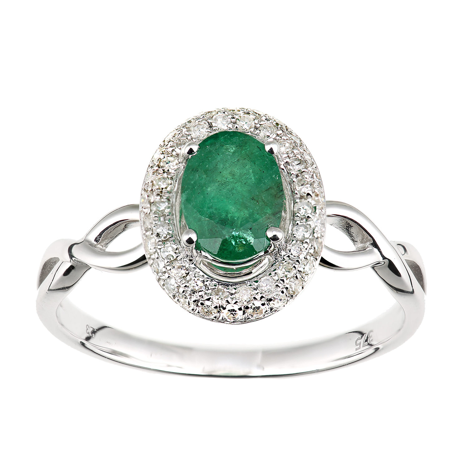 Diamant L'Eternel Womens 9ct White Gold Diamond and Emerald Oval Gemstone Ring - Size J
